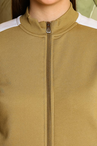 ONE SKY Women's Striped Typographic Tracksuit | Cotton Blend Zipper Jacket with Mock Collar & Drawstring Pants | 4 Pockets | Flat Front Design