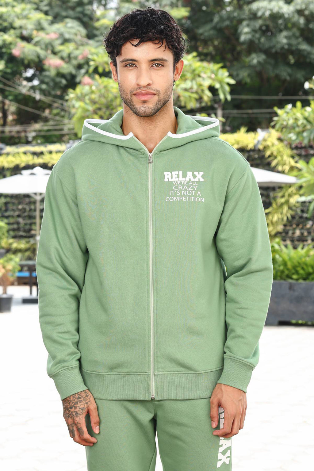 Men's Hooded Tracksuit Set | Typography Print Cotton Blend | Zip-Up Hoodie & Slip-On Joggers | Mid-Rise Fit | Long Sleeves | 4 Pockets | Casual Athleisure Streetwear