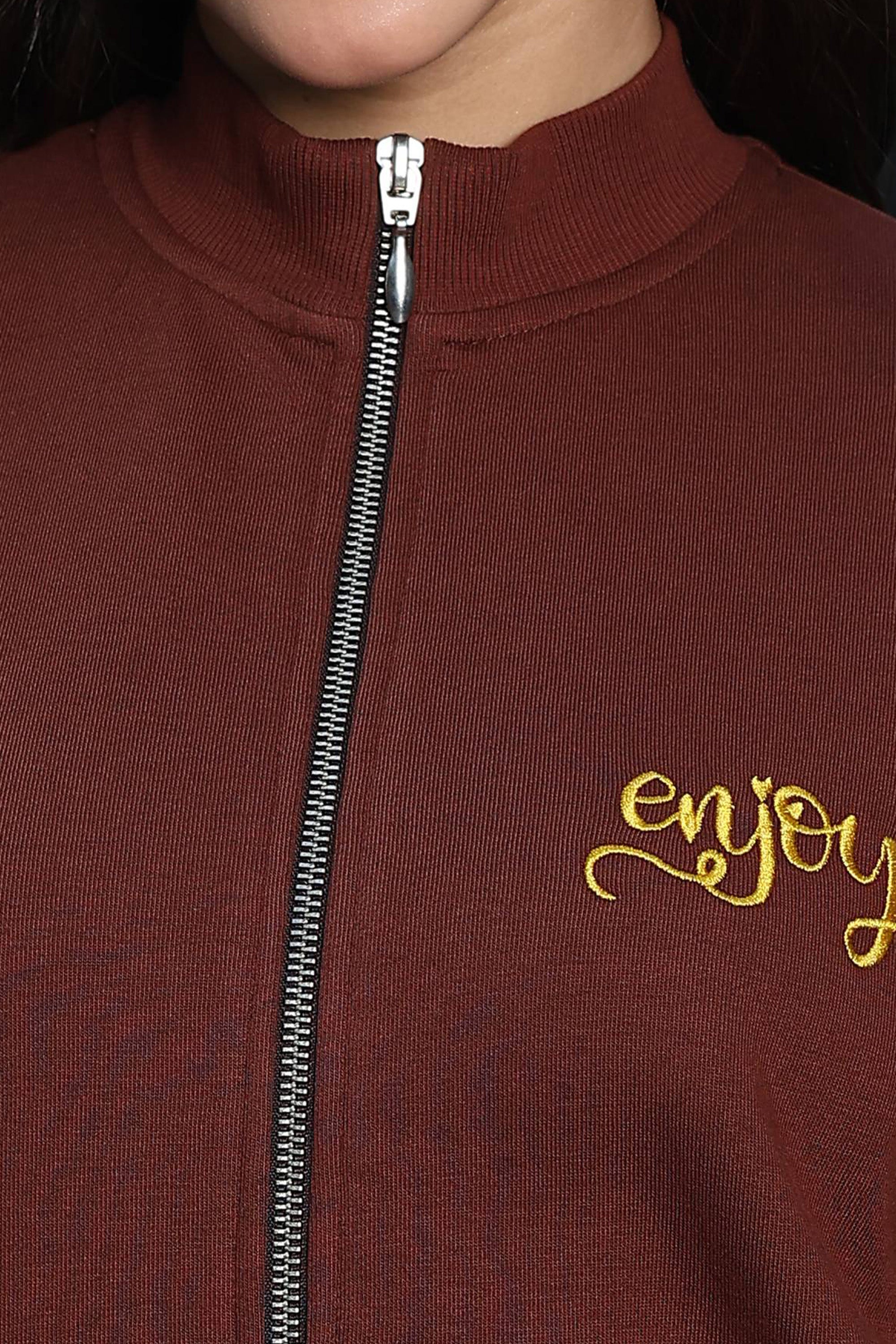 ONE SKY Women's Embroidered & Typographic Tracksuit | Cotton Blend Zipper Jacket with Mock Collar & Drawstring Pants | 6 Pockets | Pleated Design