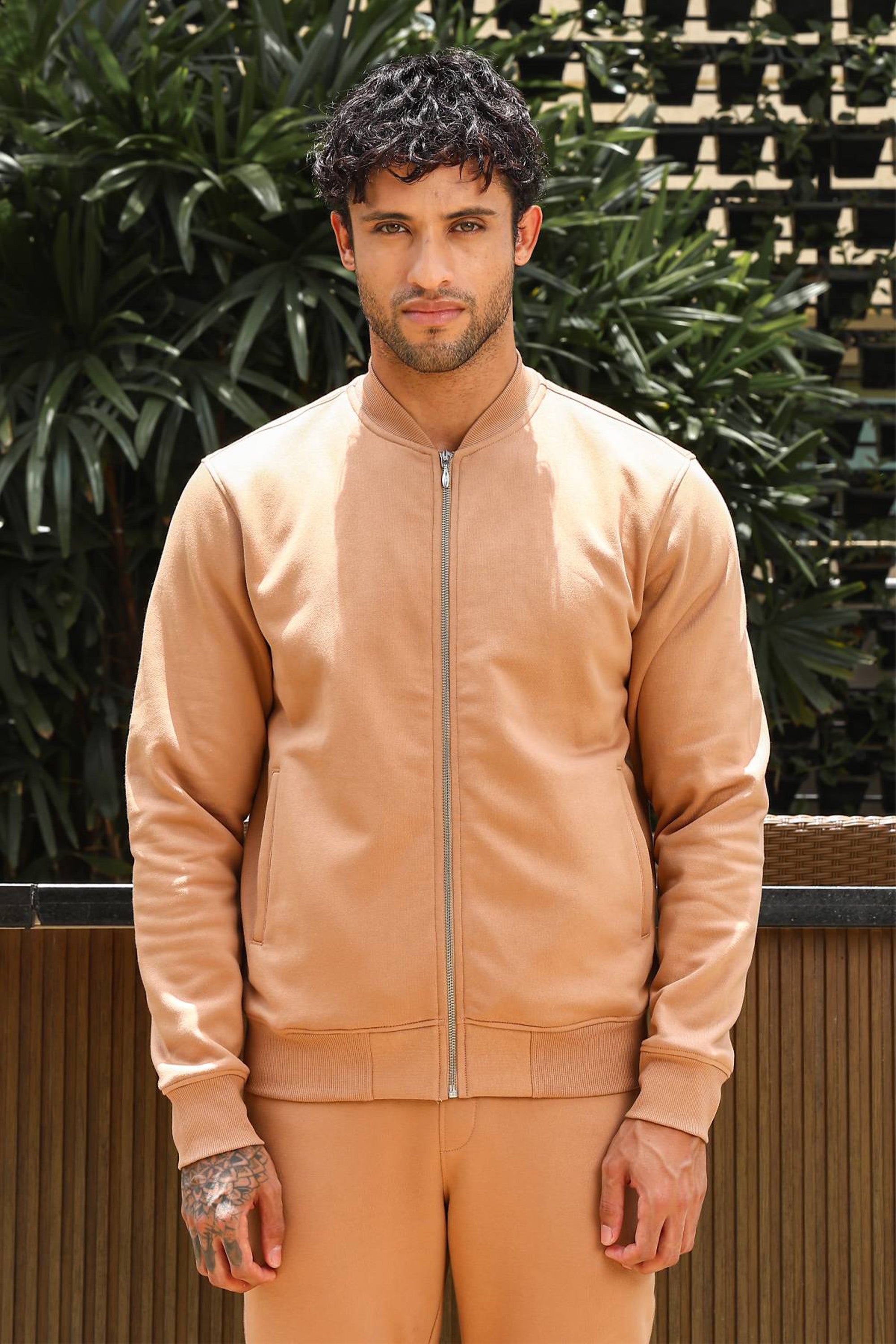 Men’s Solid Tracksuit Set | Stand Collar Zip-Up Jacket & Drawstring Joggers | Cotton Blend | Mid-Rise Flat Front | 4 Pockets | Long Sleeves | Casual Athleisure Wear