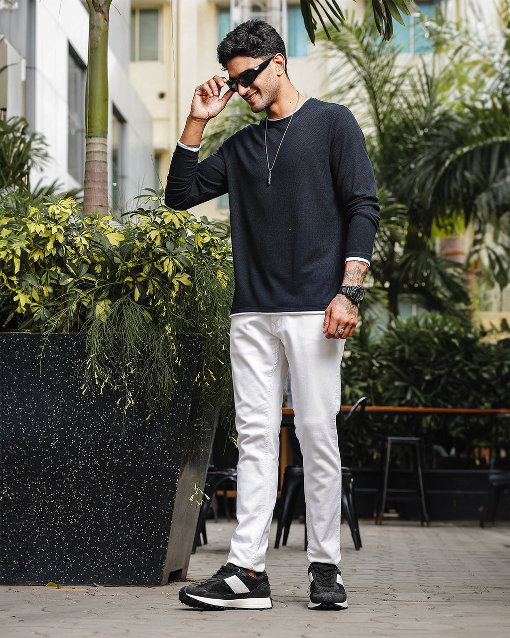 Men's Black Self Textured Full Sleeve Crew Neck T-shirt