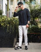 Men's Black Self Textured Full Sleeve Crew Neck T-shirt