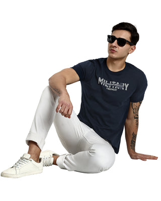 Men Navy Printed Round Neck T-Shirt