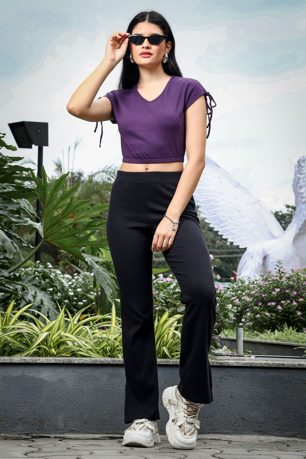 Womens V Neck Crop Top With Designer Sleeves