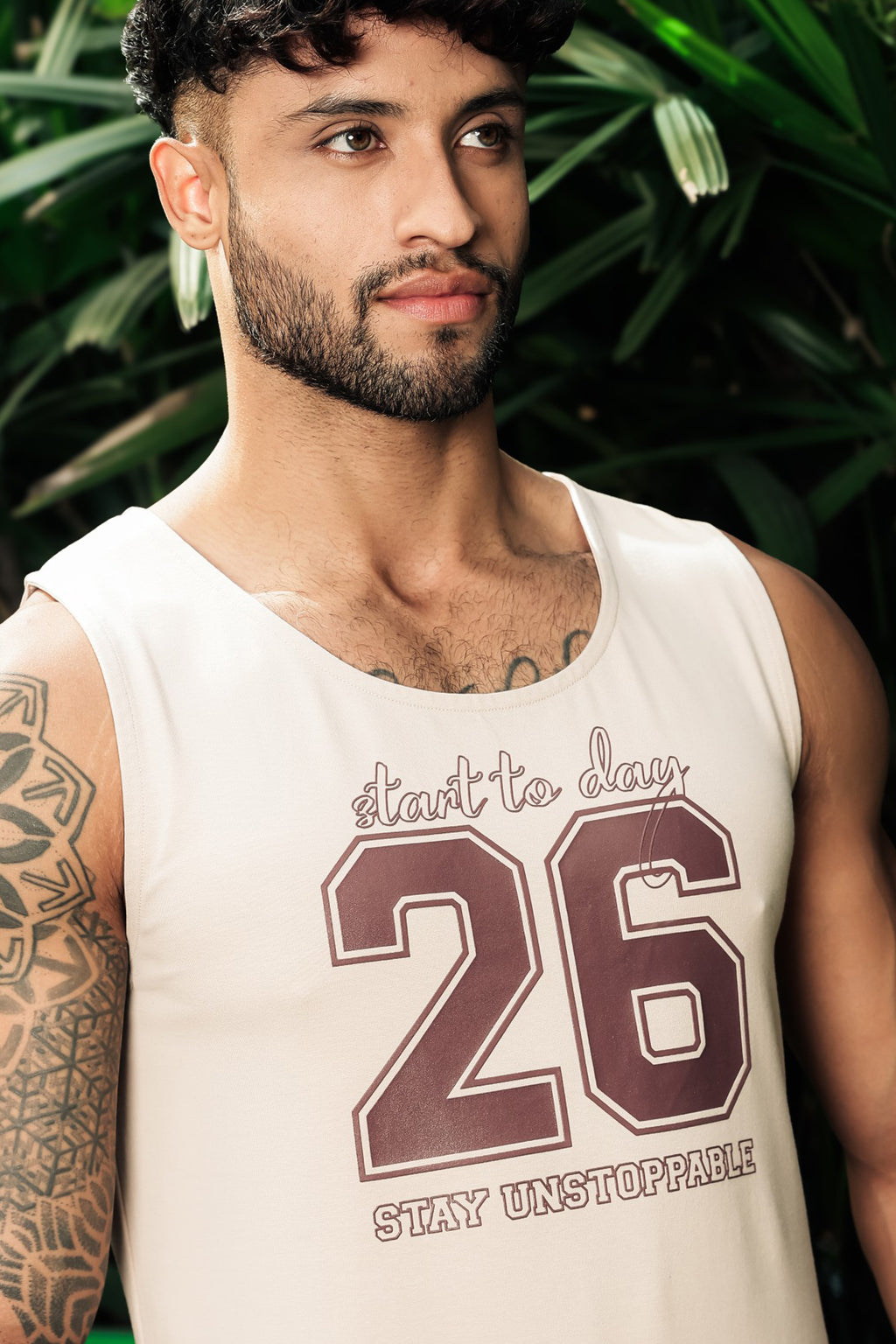 ONE SKY Men’s Cotton Spandex Printed Tank Top | Sleeveless Round Neck Casual Vest | Typography Print | Stretch Fabric | Machine Wash