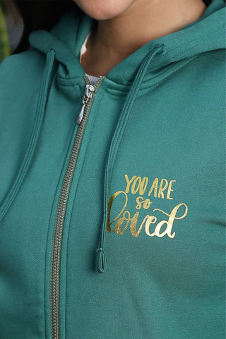 ONE SKY Women's Printed Hooded Tracksuit | Cotton Blend Co-ord Set with Zipper Jacket & Slip-On Pants | Typographic Design & 4 Pockets