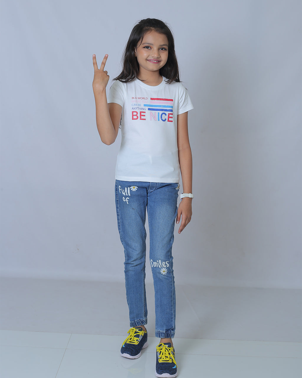 Girls White Round Neck T-Shirt