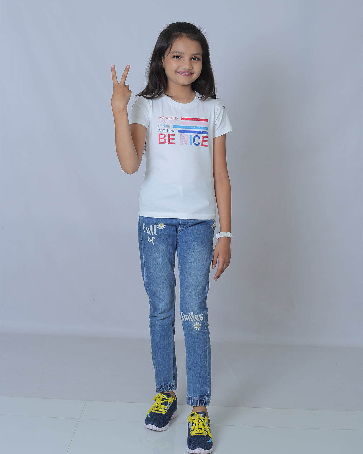 Girls White Round Neck T-Shirt