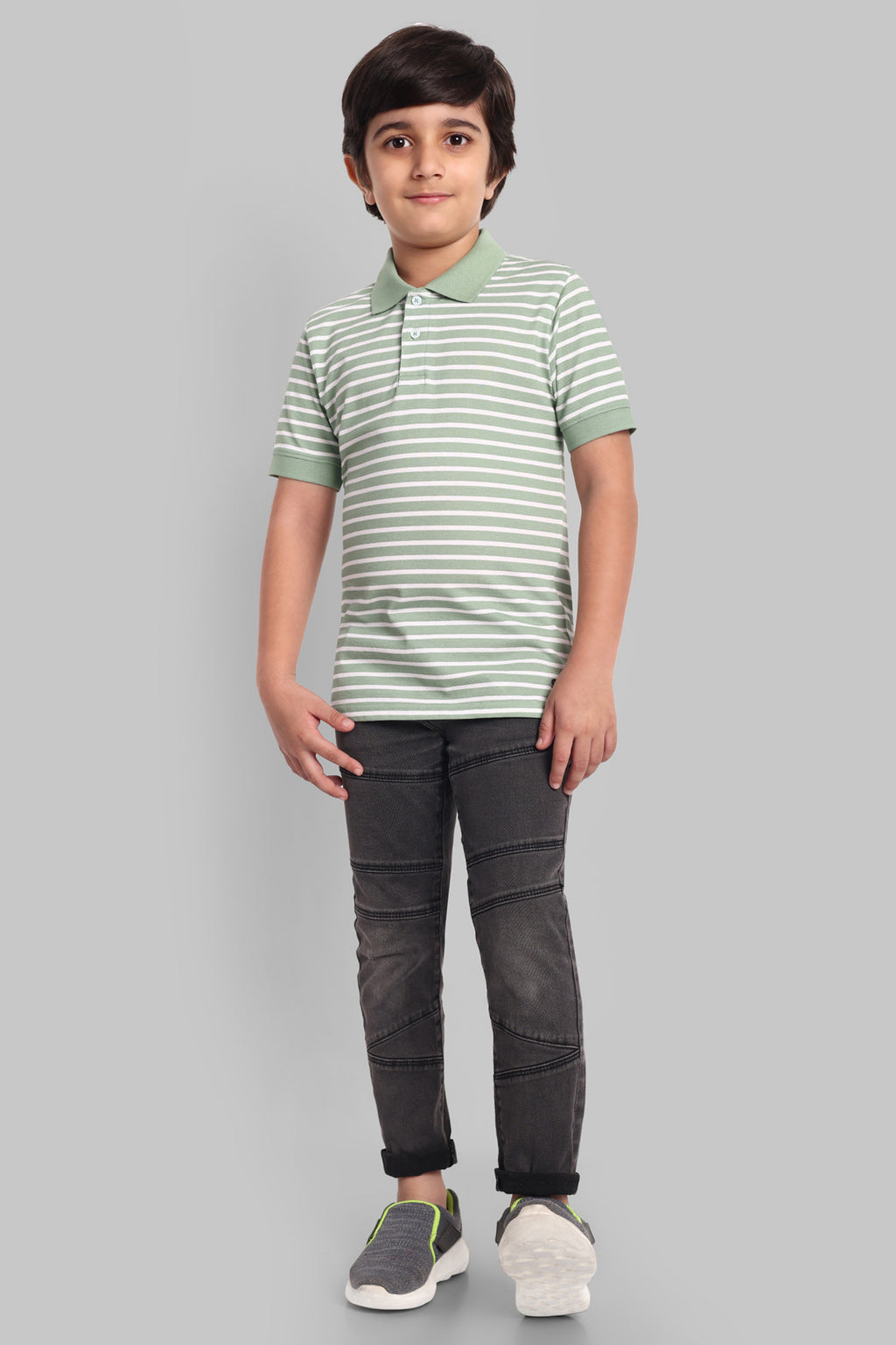 Boys Classic Cotton Polo T-Shirt with Stripes Green