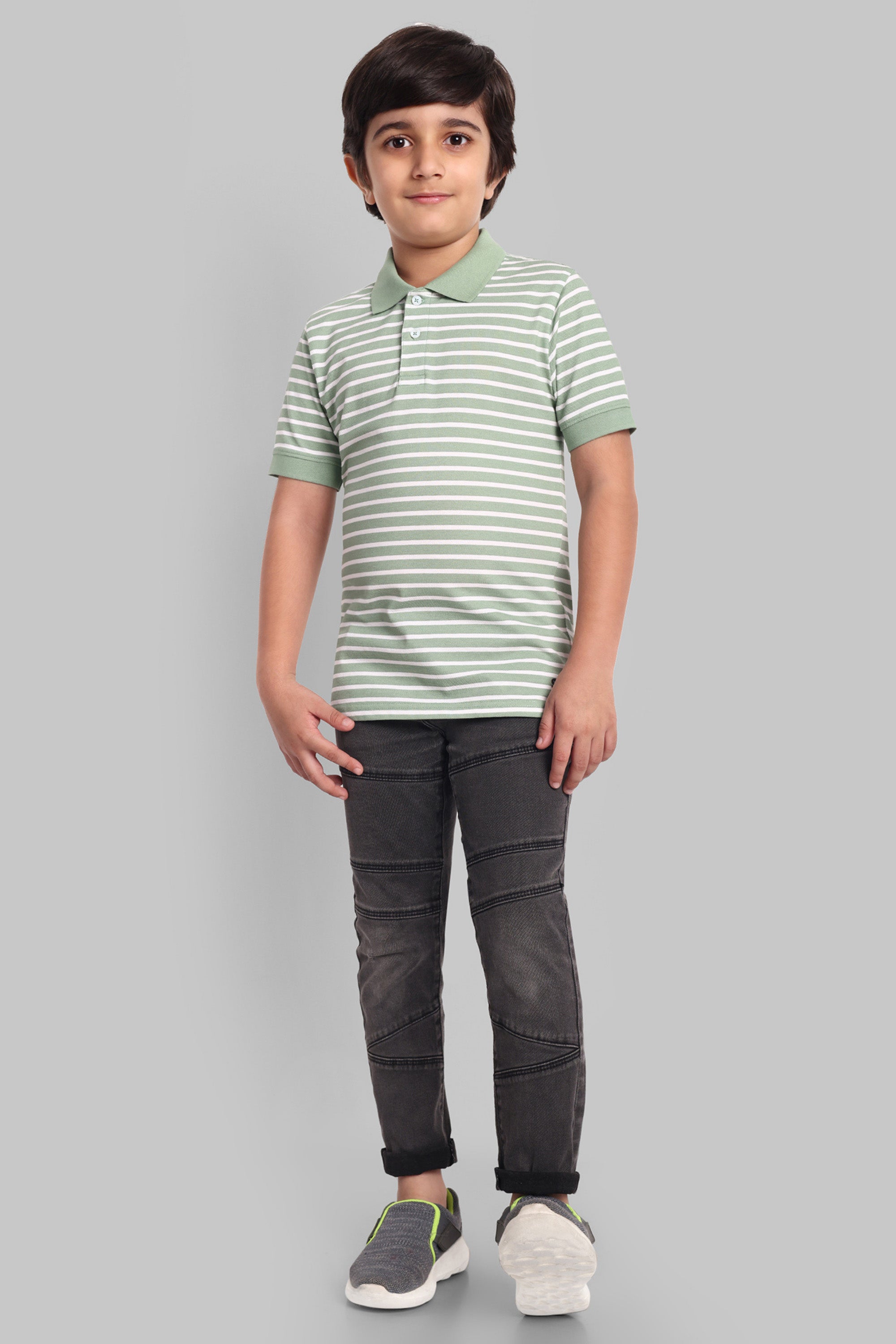 Boys Classic Cotton Polo T-Shirt with Stripes Green