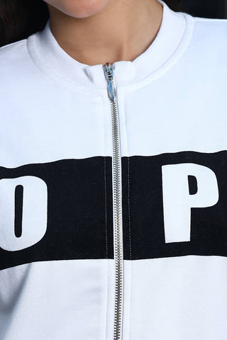 ONE SKY Women's Striped & Typographic Tracksuit | Cotton Blend Co-ord Set with Zipper Mock Collar Jacket & Slip-On Pants | 4 Pockets