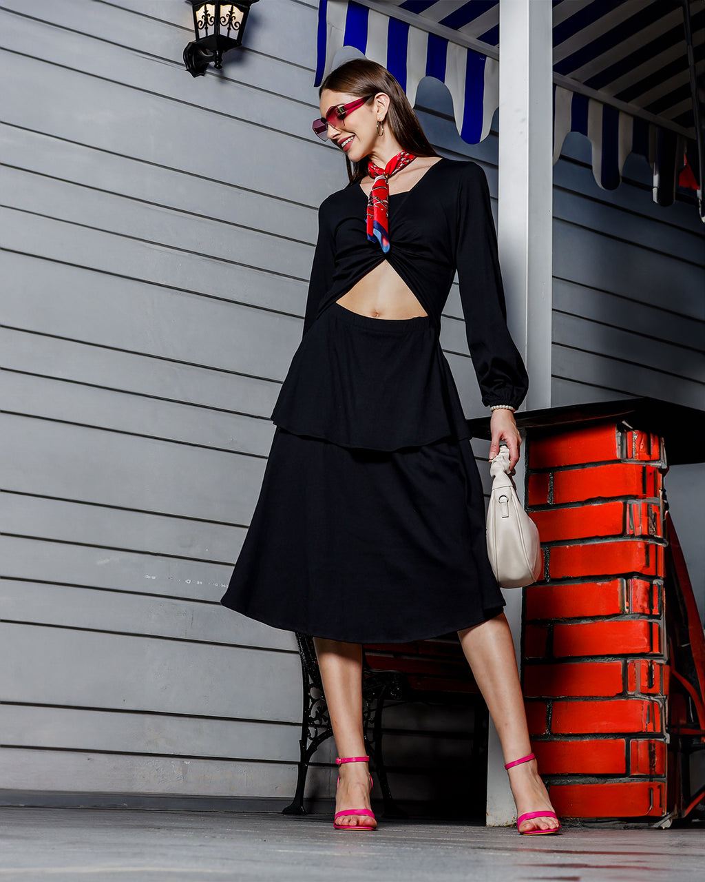 Women's Chic Balloon Sleeve Knee-Length Black Dress with Front Cut-Out and Tie