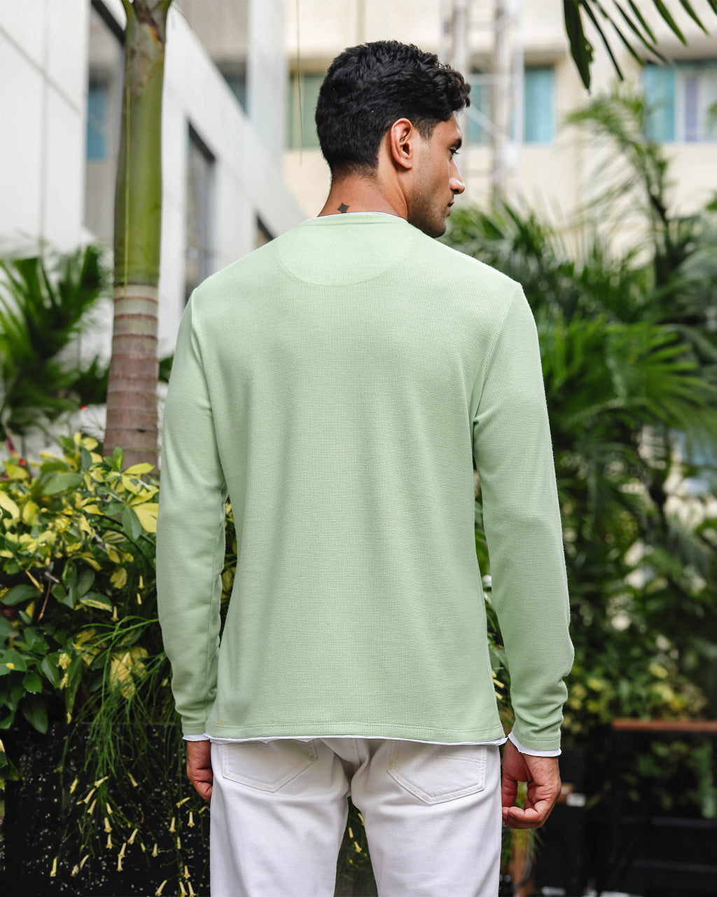 Men's Green Self Textured Full Sleeve Crew Neck T-shirt