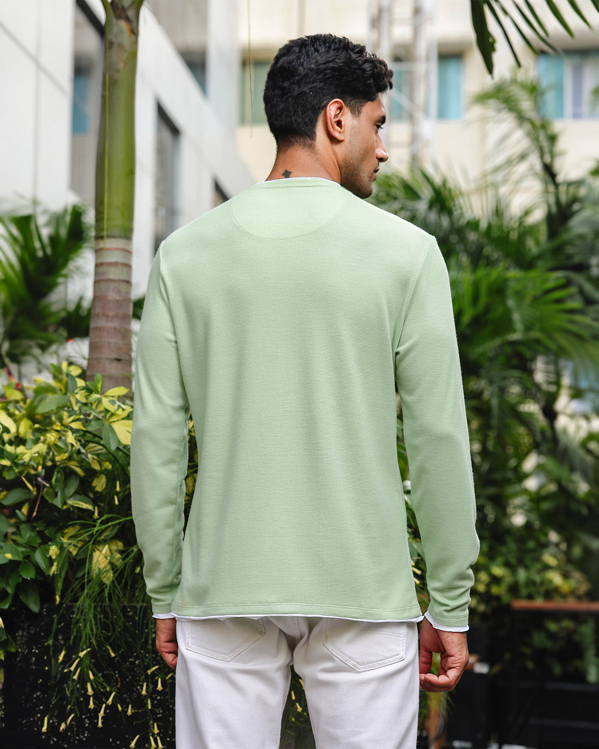 Men's Green Self Textured Full Sleeve Crew Neck T-shirt