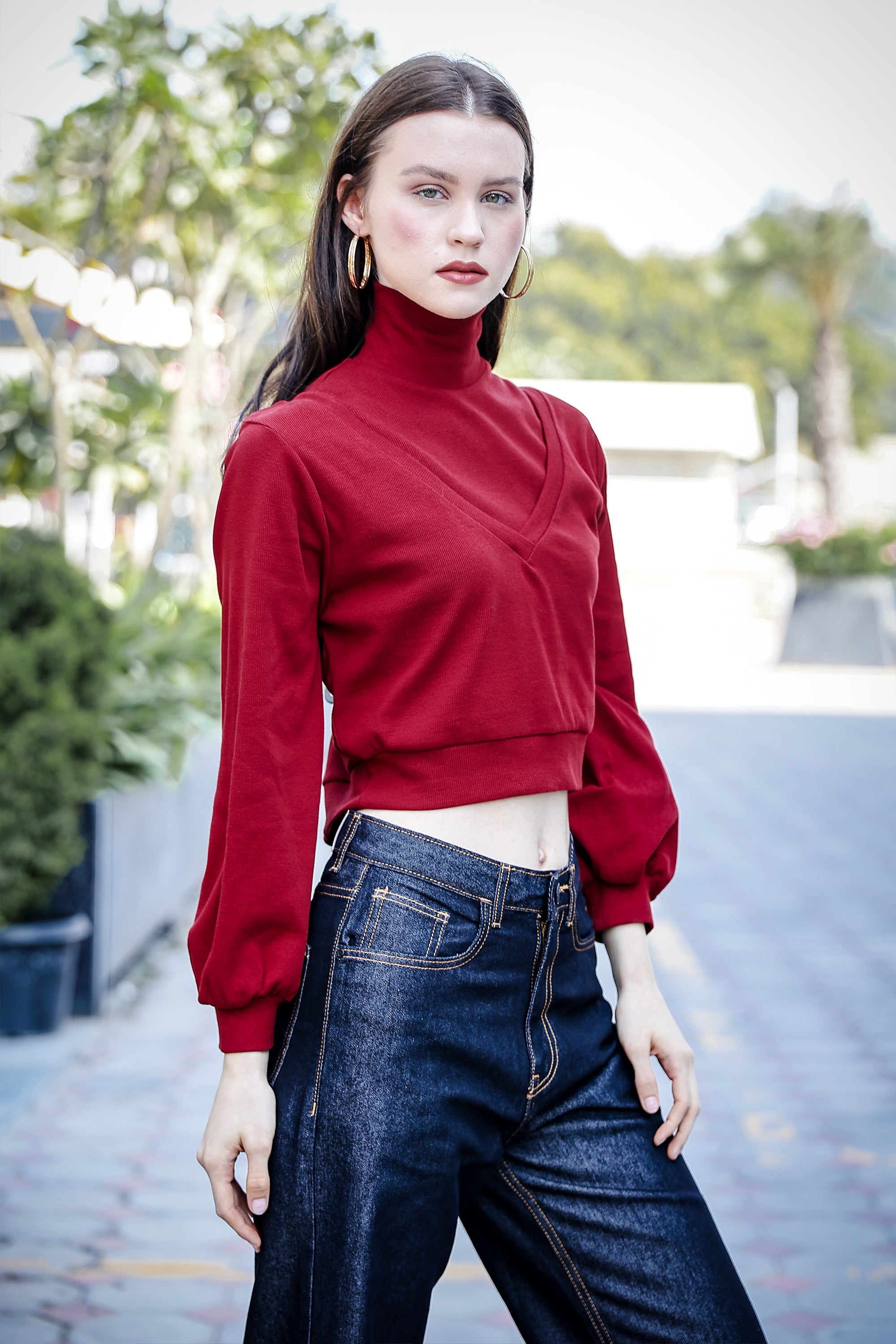 Women's 3-in-1 Versatile Crop Top with High Neck Inner & Full Sleeve Outer