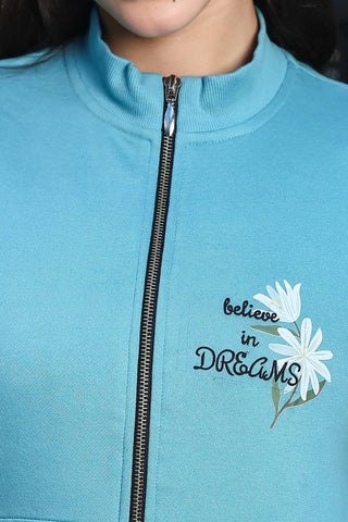 ONE SKY Women's Embroidered Front Open Tracksuit | Cotton Blend Co-ord Set with Zipper Top & Slip-On Bottom | Typography Detail & 4 Pockets