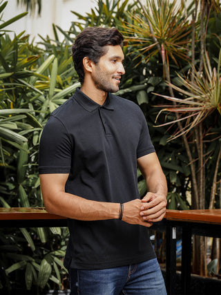 Mens Solid Polo Neck Black T-Shirt