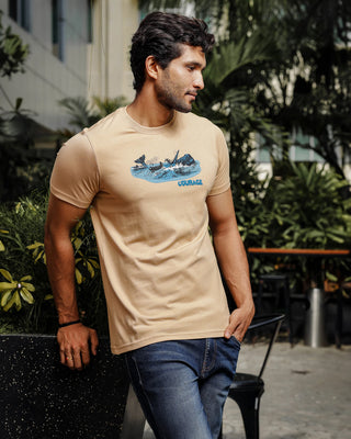 Mens Printed Round Neck Beige T-Shirt