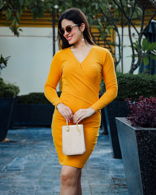 Women's Solid Party Wear Yellow Wrap Dress