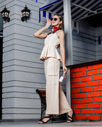 Chic Women's Peplum Peach Tunic & Stylish Cargo Pants Co-Ord Set