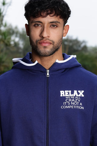 Men's Hooded Tracksuit Set | Typography Print Cotton Blend | Zip-Up Hoodie & Slip-On Joggers | Mid-Rise Fit | Long Sleeves | 4 Pockets | Casual Athleisure Streetwear