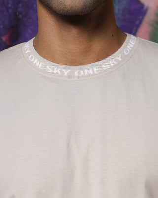 Men's Round Neck Grey Oversized Tee, "One Sky" Typographic Pure Cotton T-shirt