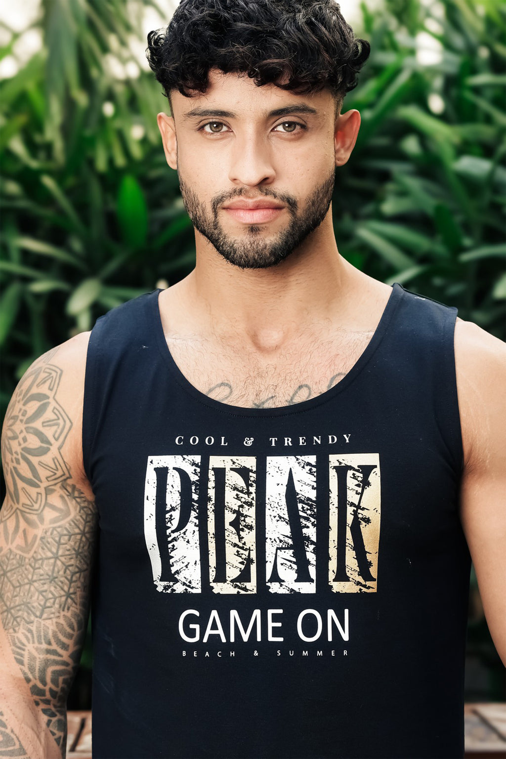 ONE SKY Men’s Cotton Spandex Printed Tank Top | Sleeveless Round Neck Casual Vest | Typography Print | Stretch Fabric | Machine Wash