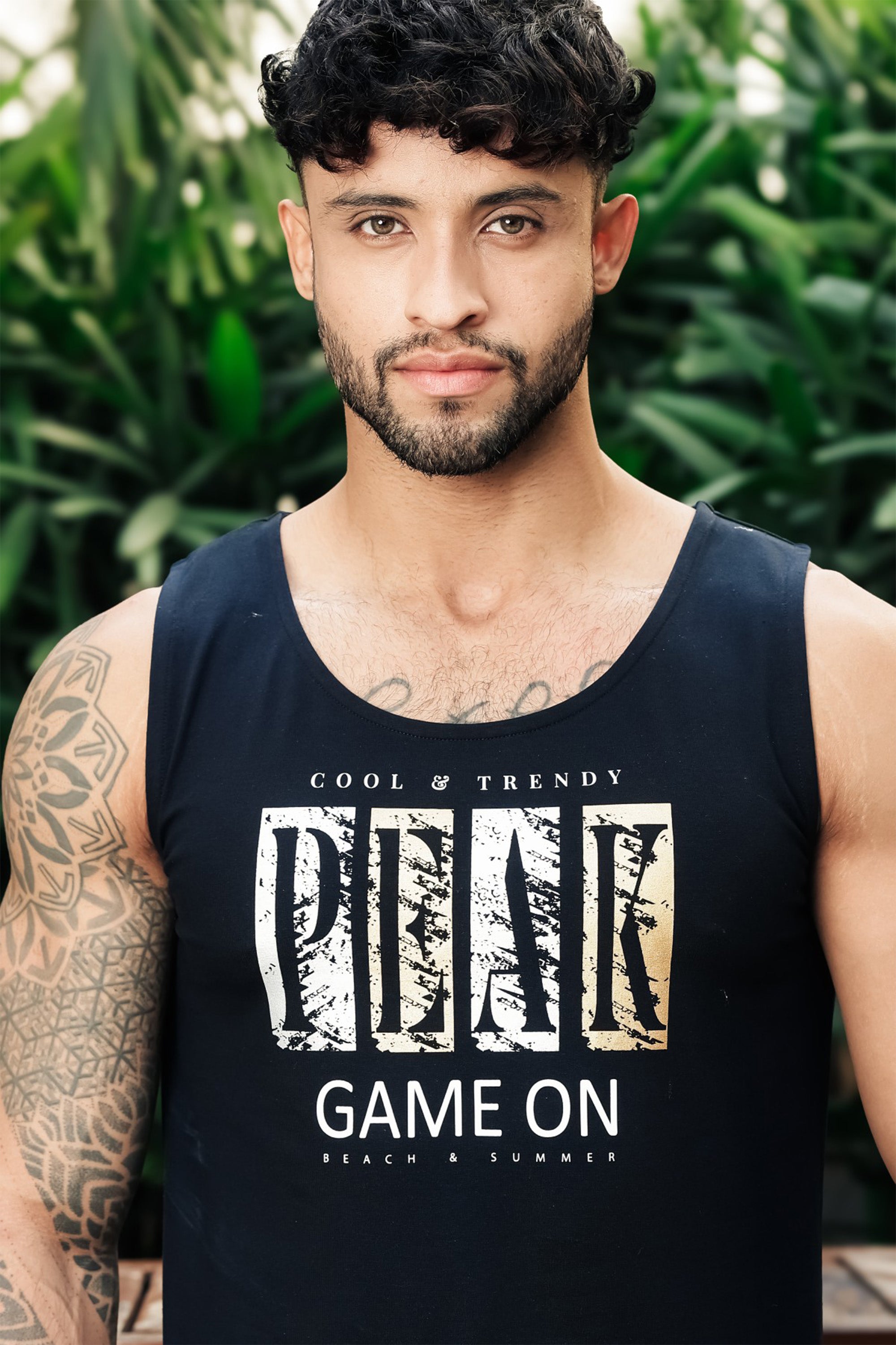 ONE SKY Men’s Cotton Spandex Printed Tank Top | Sleeveless Round Neck Casual Vest | Typography Print | Stretch Fabric | Machine Wash
