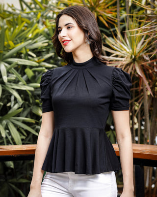 Womens Puff Sleeve Black Peplum Top