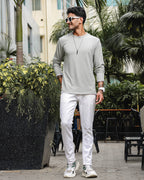 Men's Gray Self Textured Full Sleeve Crew Neck T-shirt
