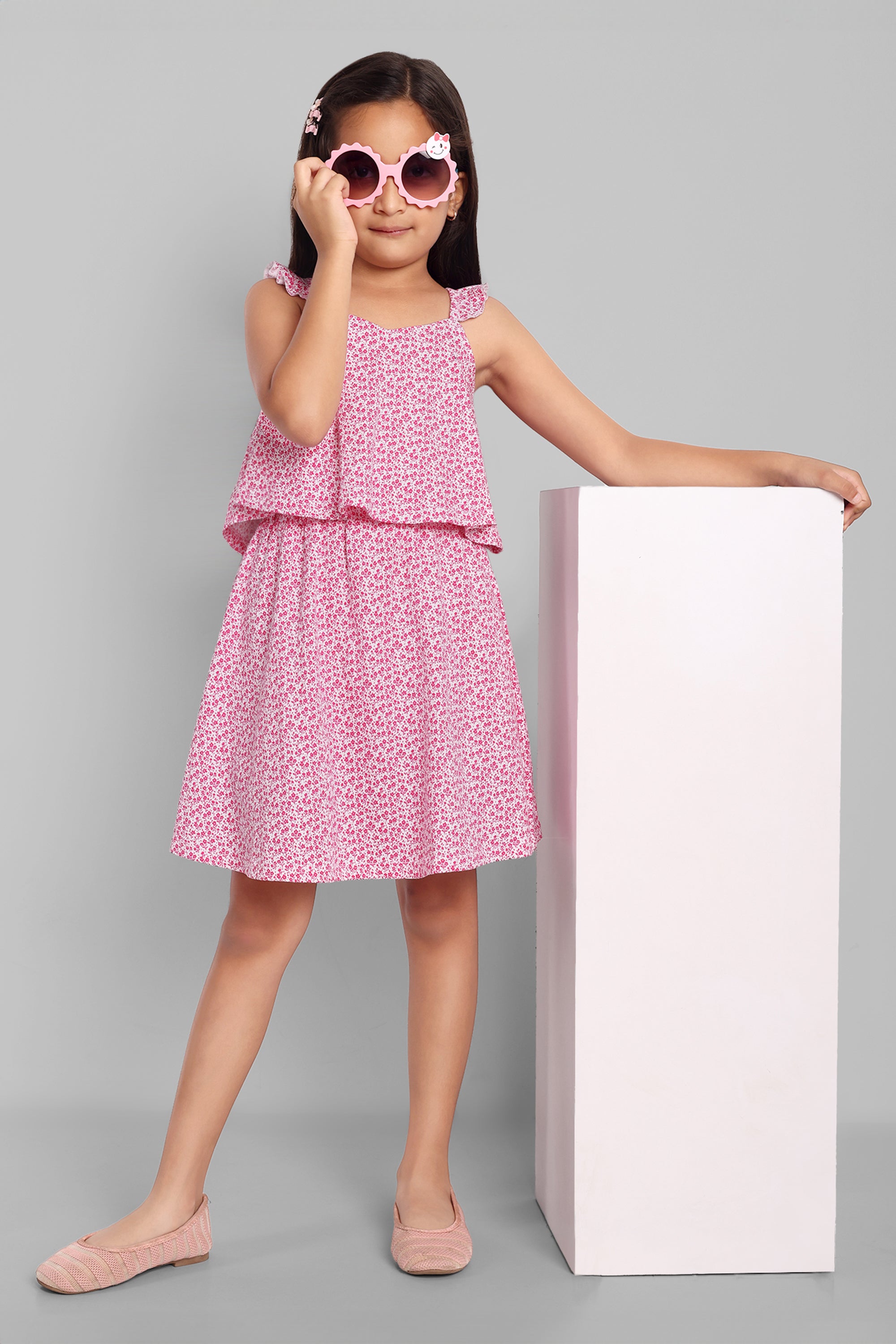Girls Cotton Floral Print Sleeveless Pink Dress