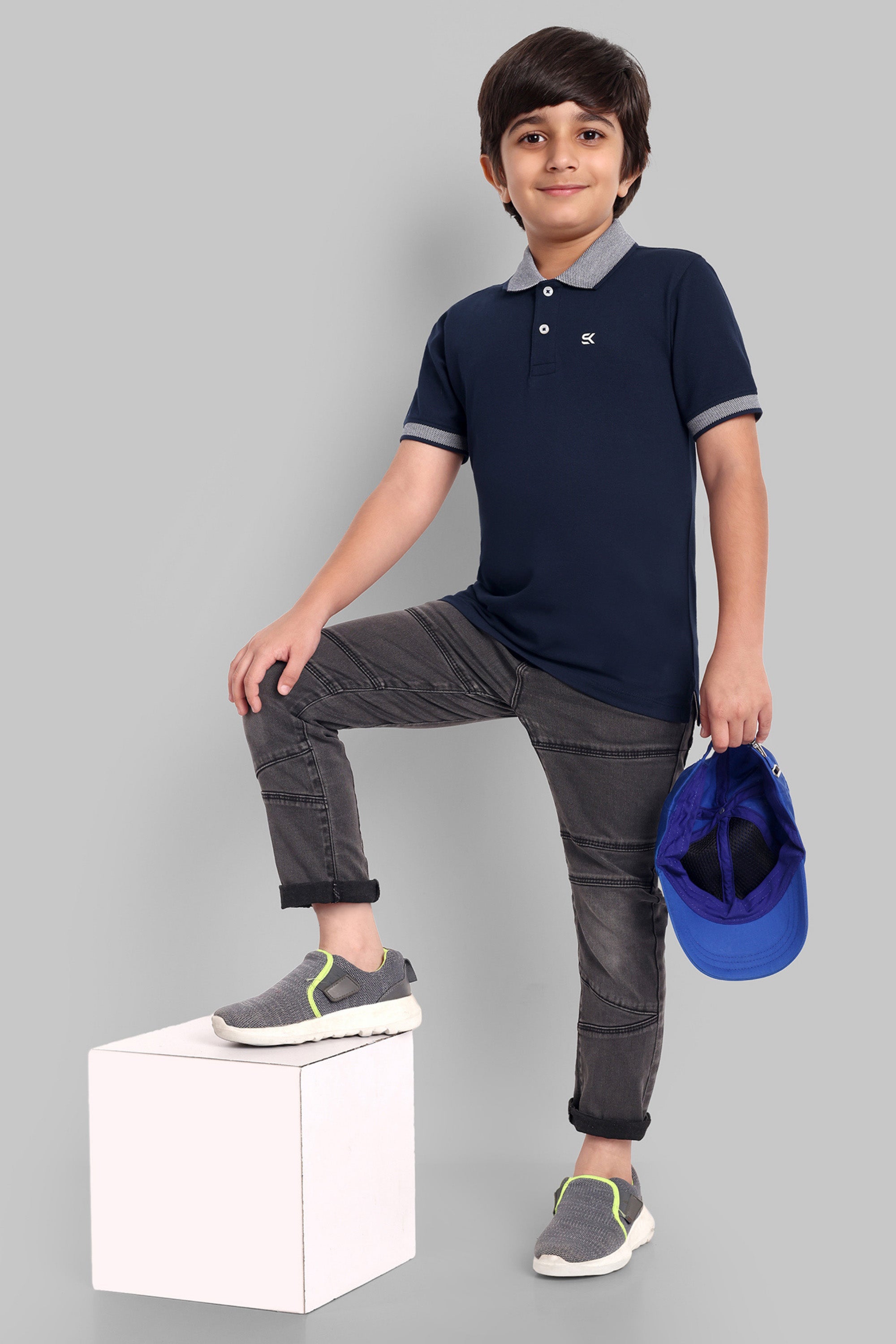 Boys Designed Collared Polo Tshirt Navy