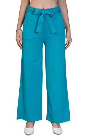 Women Teal Cotton Blend Trousers