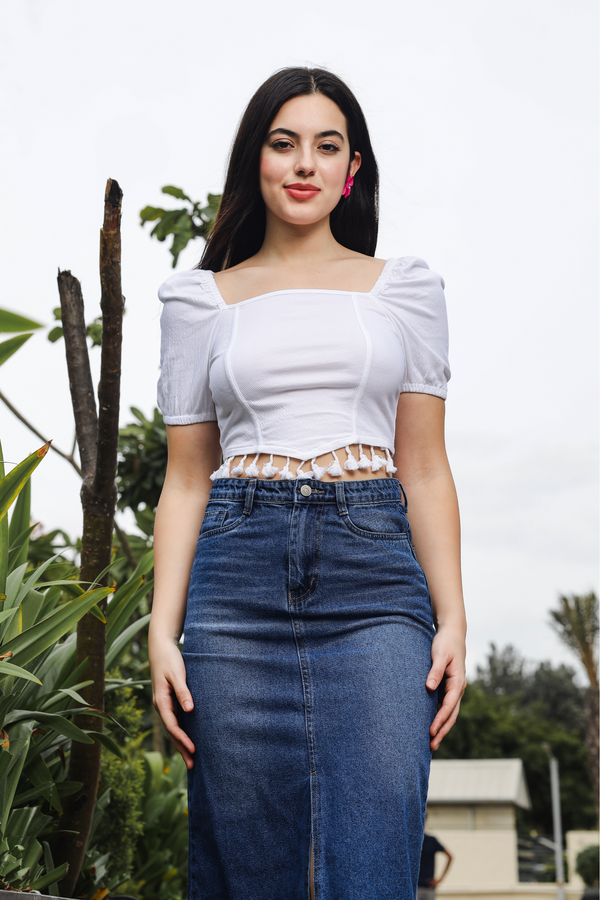 Womens Puff Sleeves Square Neck Crop Top with Tessles