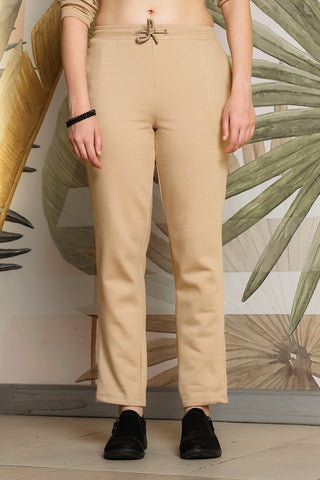 ONE SKY Women's Embroidered Round Neck Tracksuit | Cotton Blend Solid Co-ord Set with Drawstring Top & Slip-On Pants | 2 Pockets | Flat Front