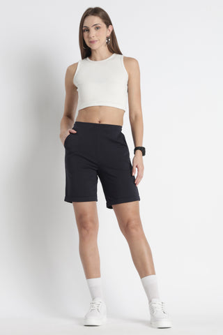 ONE SKY Women’s Cotton Spandex Bermuda Shorts | Mid Rise Casual Slip-On Shorts | 2 Pockets | Solid Color | Machine Wash