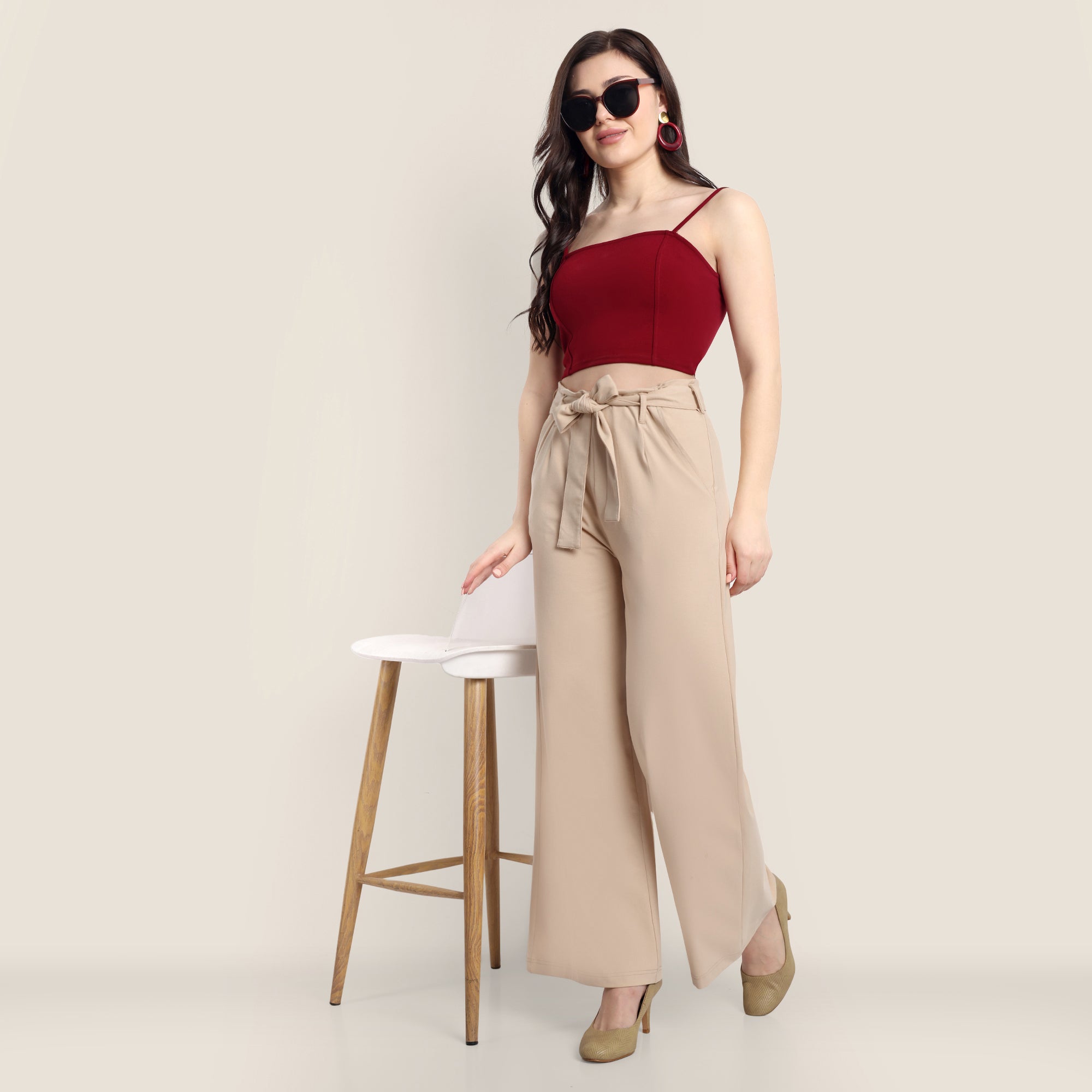 Women Beige Cotton Blend Trousers