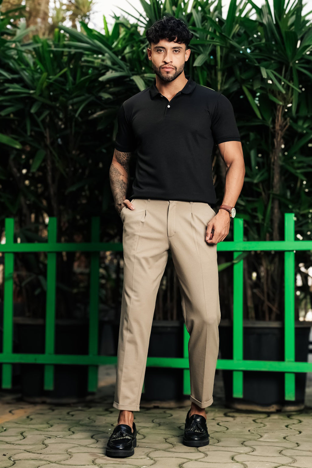 ONE SKY Men’s Cotton Spandex Pleated Trousers | Mid Rise Casual Pants with Button & Zip Closure | 4 Pockets | Solid Color | Machine Wash