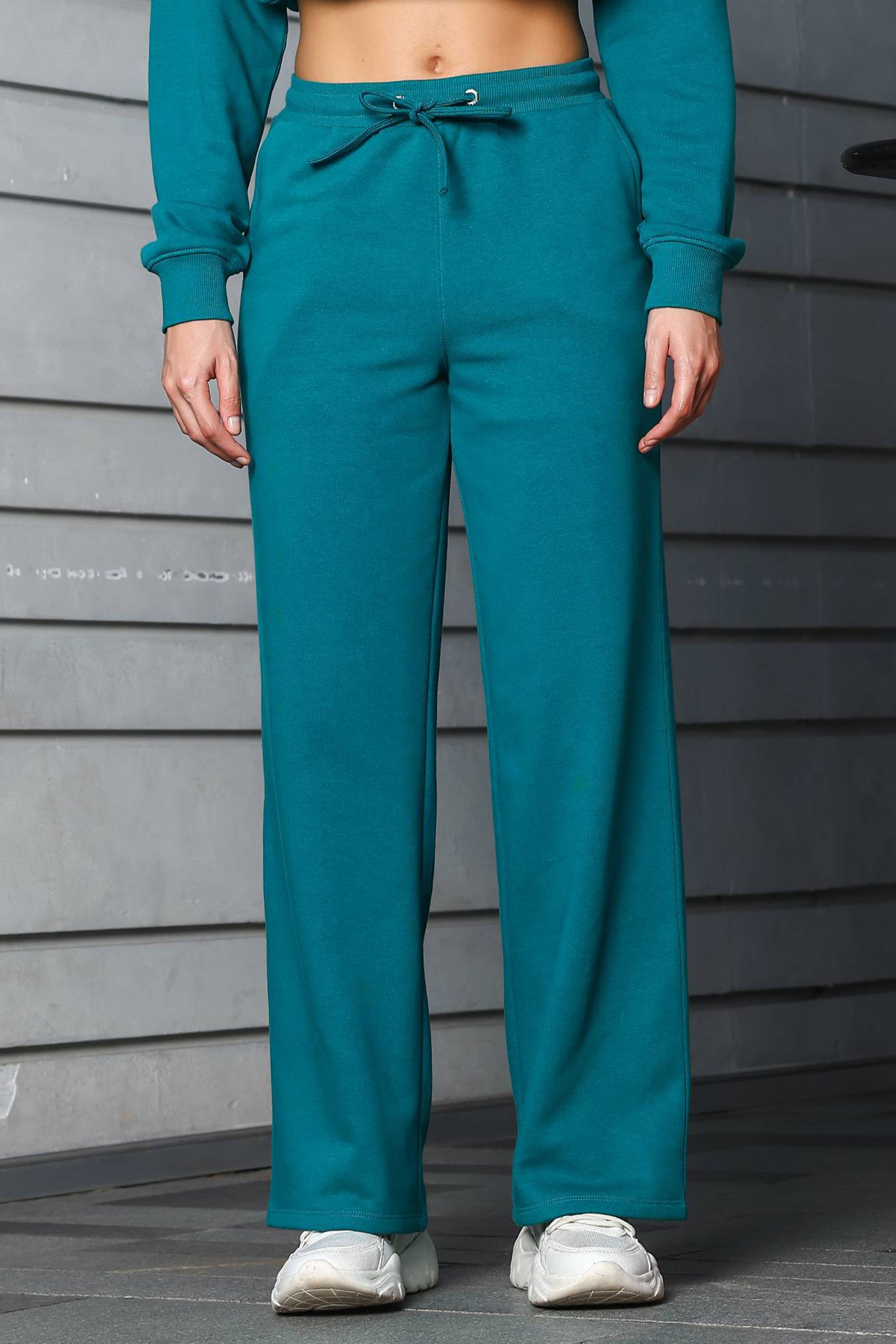 ONE SKY Women's Embroidered & Typographic Round Neck Tracksuit | Cotton Blend Long Sleeve Top & Mid-Rise Drawstring Flat Front Pants | 2 Pockets
