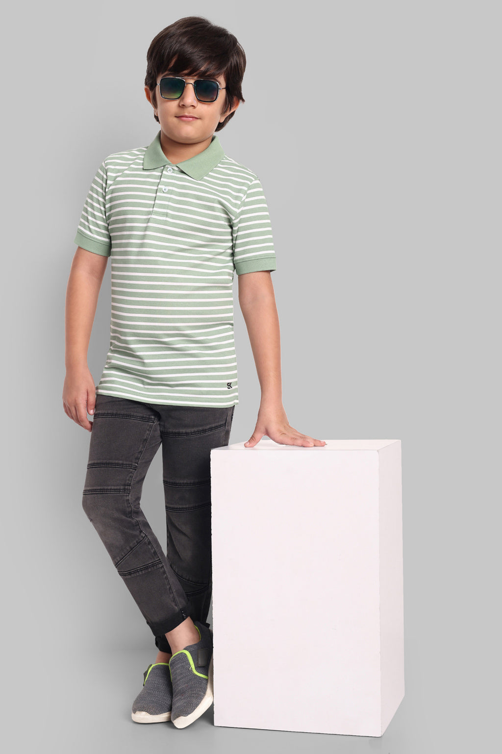 Boys Classic Cotton Polo T-Shirt with Stripes Green