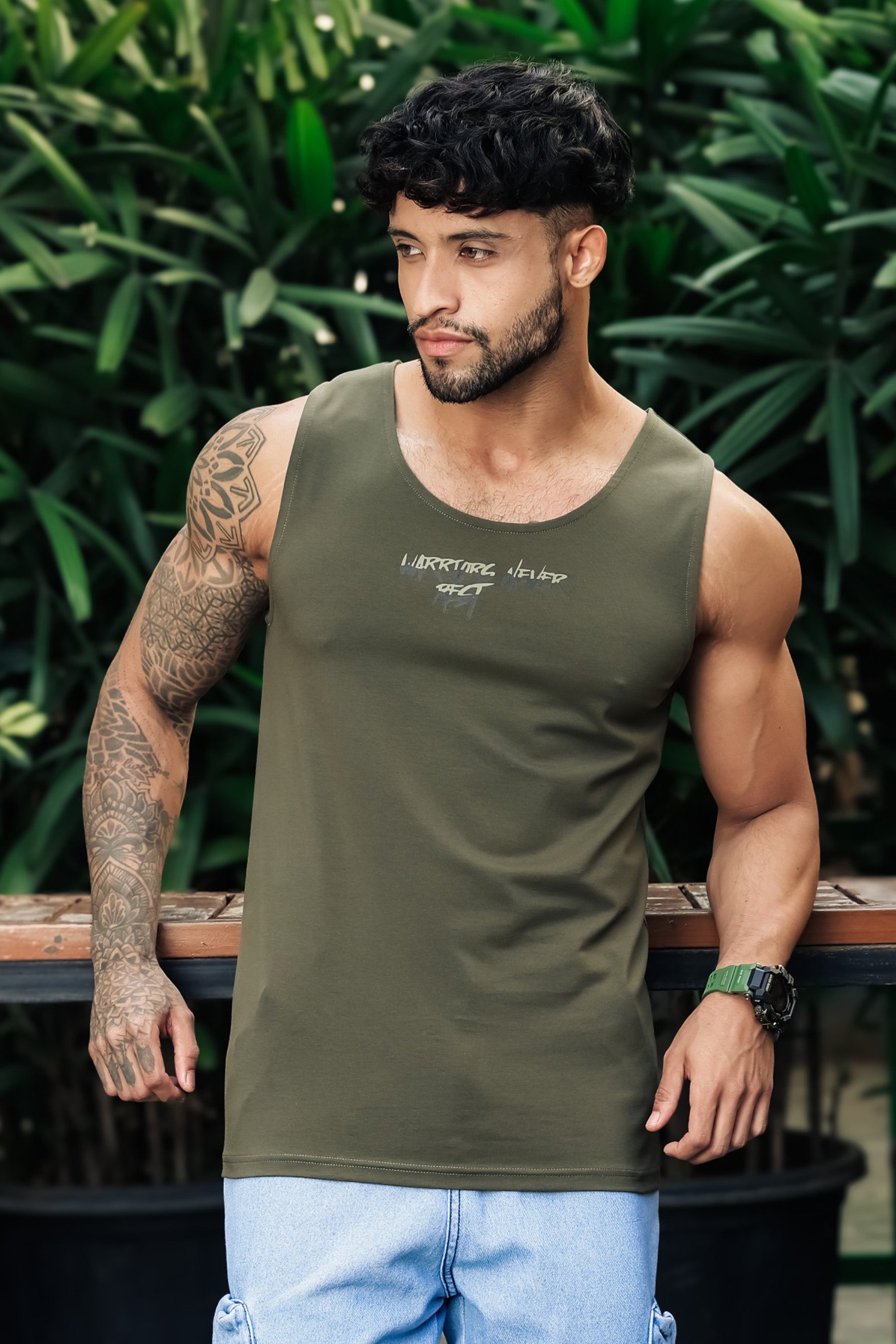 ONE SKY Men’s Cotton Spandex Printed Tank Top | Sleeveless Round Neck Casual Vest | Typography Print | Stretch Fabric | Machine Wash