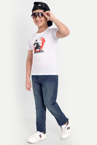 BOYS ROUND NECK WHITE PRINTED T SHIRT