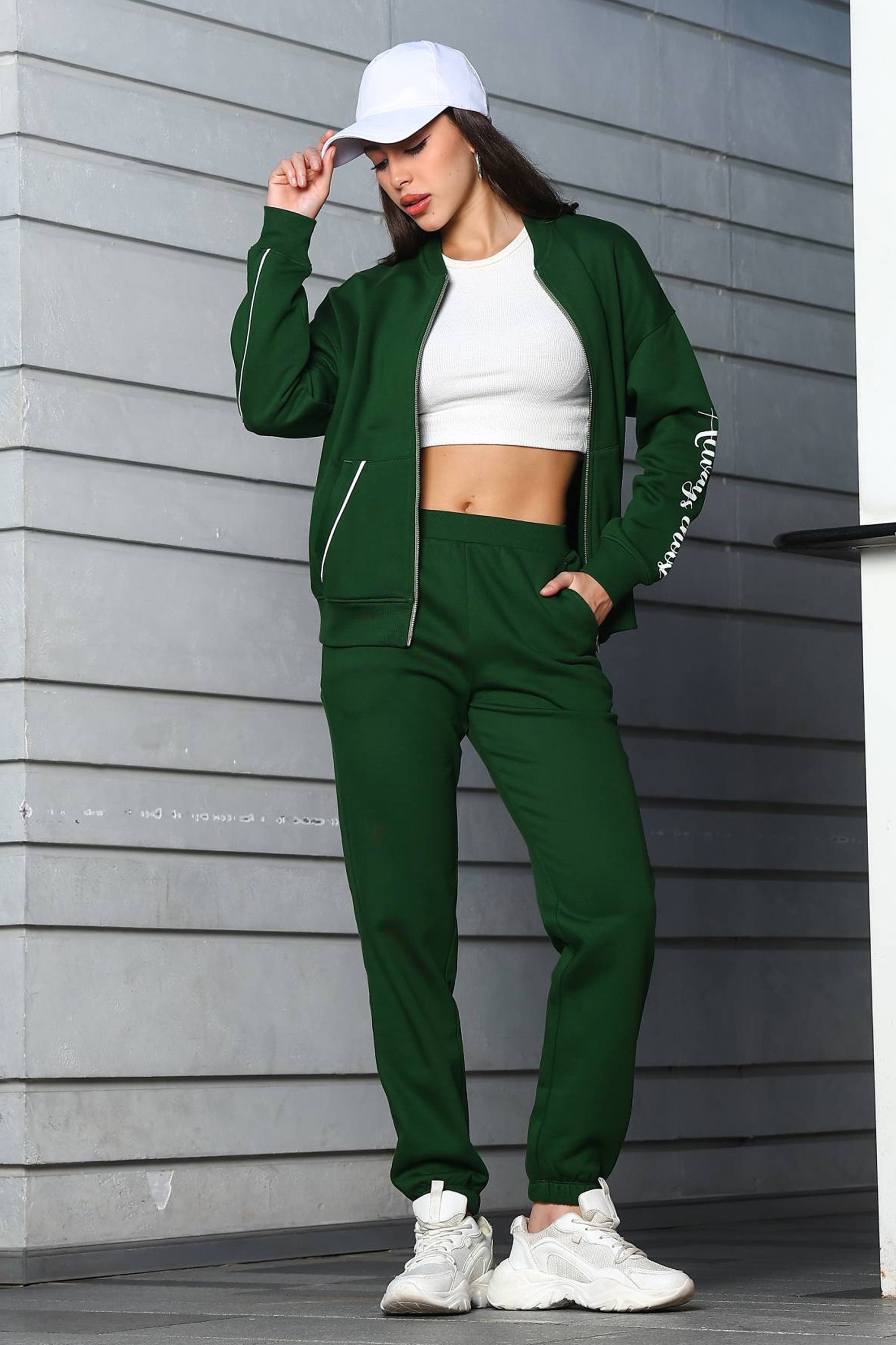 ONE SKY Women's Embroidered & Typographic Tracksuit | Cotton Blend Stand Collar Zip Jacket & Slip-On Pants | 4 Pockets | Flat Front Design