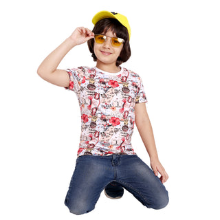 Kids White Printed Round Neck T-Shirt