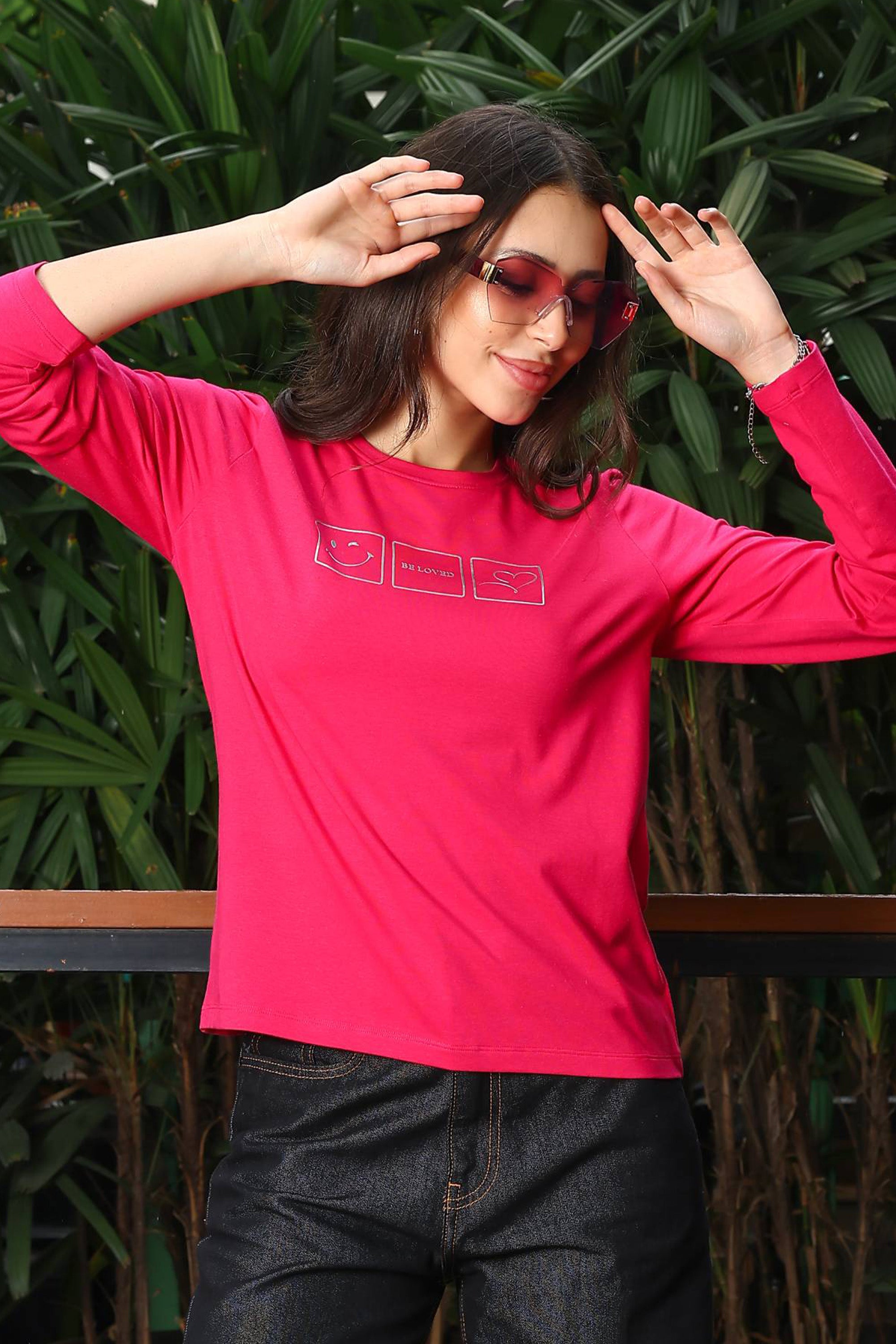 ONE SKY Women's Printed & Graphic Full Sleeve T-Shirt | Cotton Modal Blend Round Neck Top | Soft & Stretchy