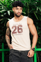 ONE SKY Men’s Cotton Spandex Printed Tank Top | Sleeveless Round Neck Casual Vest | Typography Print | Stretch Fabric | Machine Wash