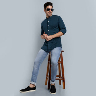 Men Navy Chinese Collar Formal Shirt