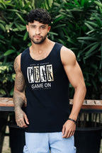 ONE SKY Men’s Cotton Spandex Printed Tank Top | Sleeveless Round Neck Casual Vest | Typography Print | Stretch Fabric | Machine Wash