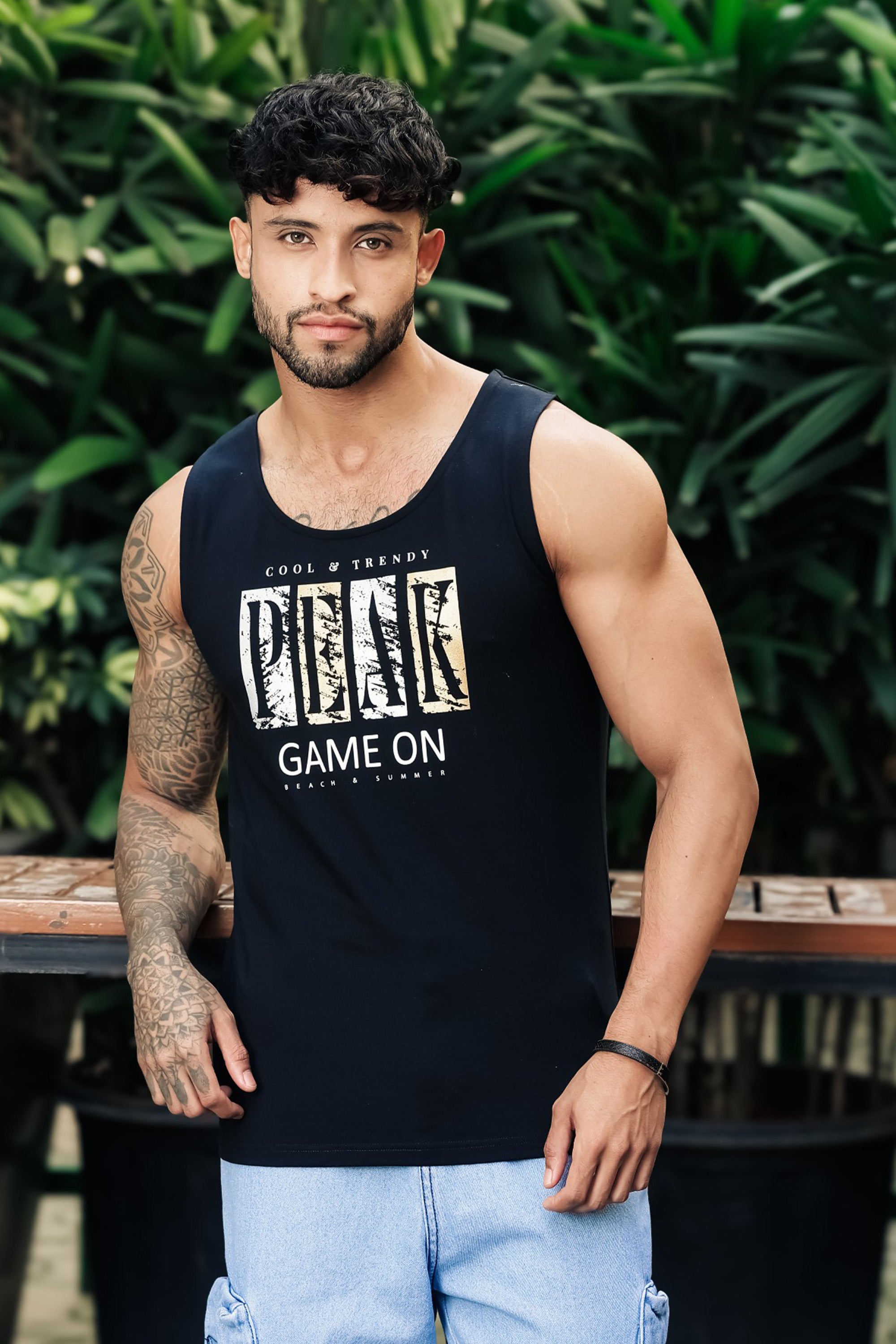 ONE SKY Men’s Cotton Spandex Printed Tank Top | Sleeveless Round Neck Casual Vest | Typography Print | Stretch Fabric | Machine Wash