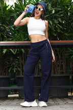 ONE SKY Women's Straight Fit Solid Bottoms | Mid-Rise Cotton Blend Trousers | Flat Front with Drawstring & 2 Pockets